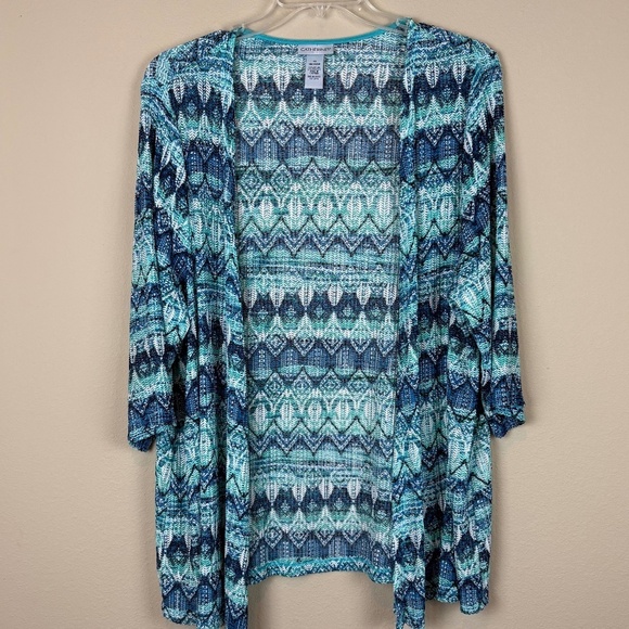 Catherines Blue/Turquoise/White Knit 3/4 Sleeve Open Front Stretch Cardigan - Picture 1 of 10